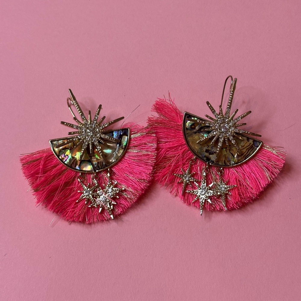Unique Pink and Gold Fringe Star Earrings - Picture 4 of 6